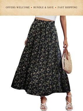 Women's Maxi Boho High Waist Pleated A-Line Tiered Flowy Skirt with Pockets